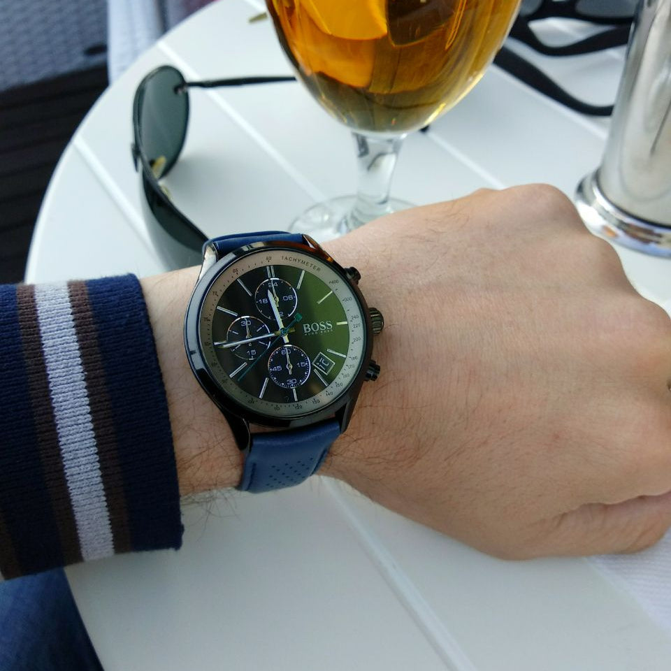  Shop Authentic Hugo Boss Grand Prix Chronograph Black Dial Blue Leather Strap Watch for Men - 1513563 - Luxxuri