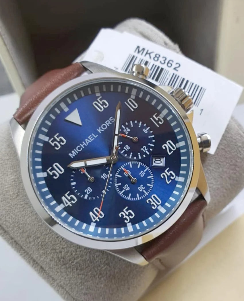  Shop Authentic Michael Kors Gage Chronograph Blue Dial Brown Leather Strap Watch For Men - MK8362 - Luxxuri