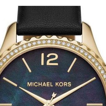  Shop Authentic Michael Kors Layton Three Hand Mother of Pearl Black Dial Black Leather Strap Watch For Women - MK2911 - Luxxuri
