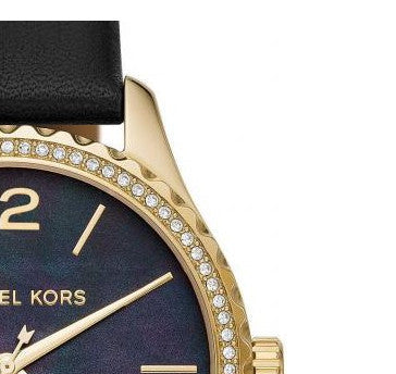  Shop Authentic Michael Kors Layton Three Hand Mother of Pearl Black Dial Black Leather Strap Watch For Women - MK2911 - Luxxuri