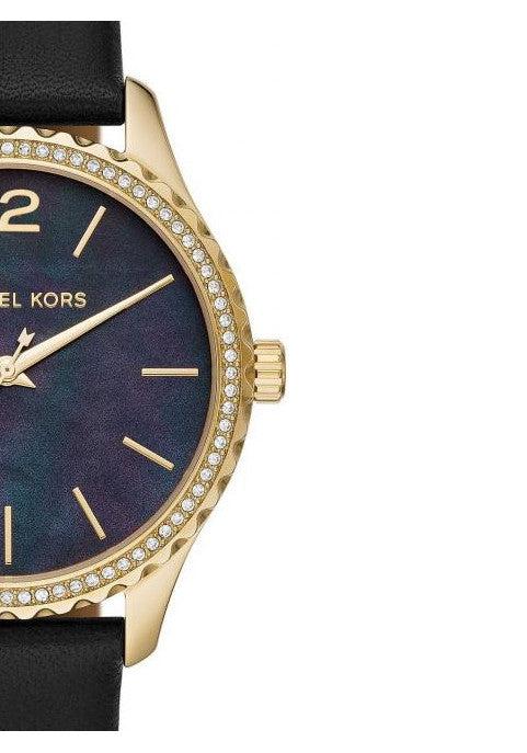  Shop Authentic Michael Kors Layton Three Hand Mother of Pearl Black Dial Black Leather Strap Watch For Women - MK2911 - Luxxuri