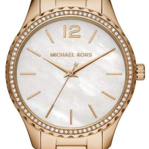  Shop Authentic Michael Kors Layton Three Hand Mother of Pearl White Dial Gold Steel Strap Watch For Women - MK6870 - Luxxuri
