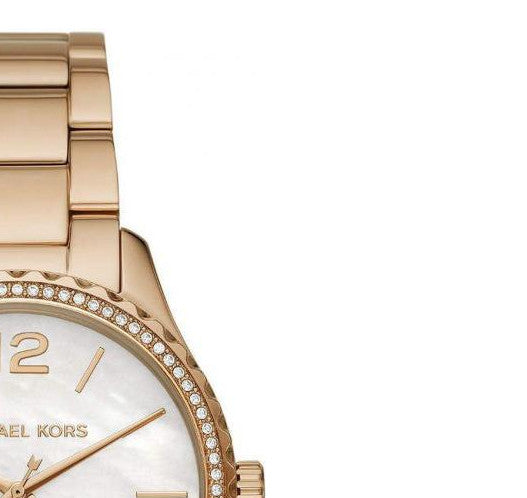  Shop Authentic Michael Kors Layton Three Hand Mother of Pearl White Dial Gold Steel Strap Watch For Women - MK6870 - Luxxuri