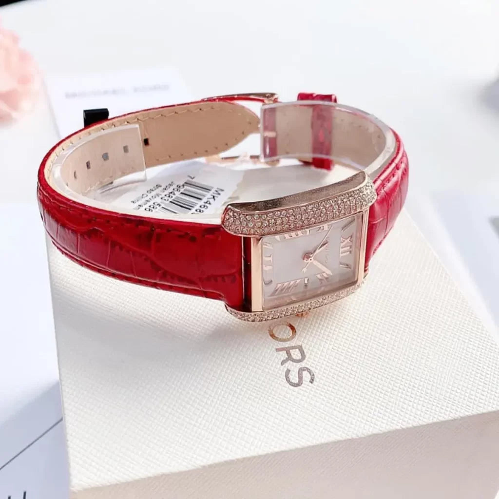  Shop Authentic Michael Kors Emery Quartz Diamonds Silver Dial Red Leather Strap Watch For Women - MK4689 - Luxxuri
