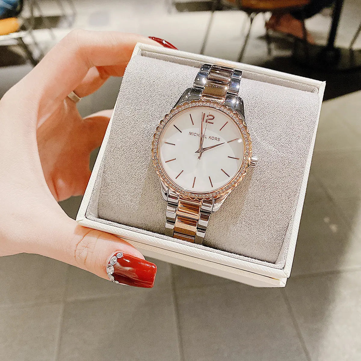  Shop Authentic Michael Kors Layton Three Hand Mother of Pearl White Dial Two Tone Steel Strap Watch For Women - MK6849 - Luxxuri