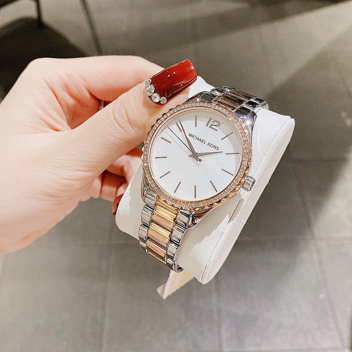  Shop Authentic Michael Kors Layton Three Hand Mother of Pearl White Dial Two Tone Steel Strap Watch For Women - MK6849 - Luxxuri