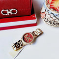 Michael Kors Camille Analog Red Dial Gold Steel Strap Watch For Women - MK7196