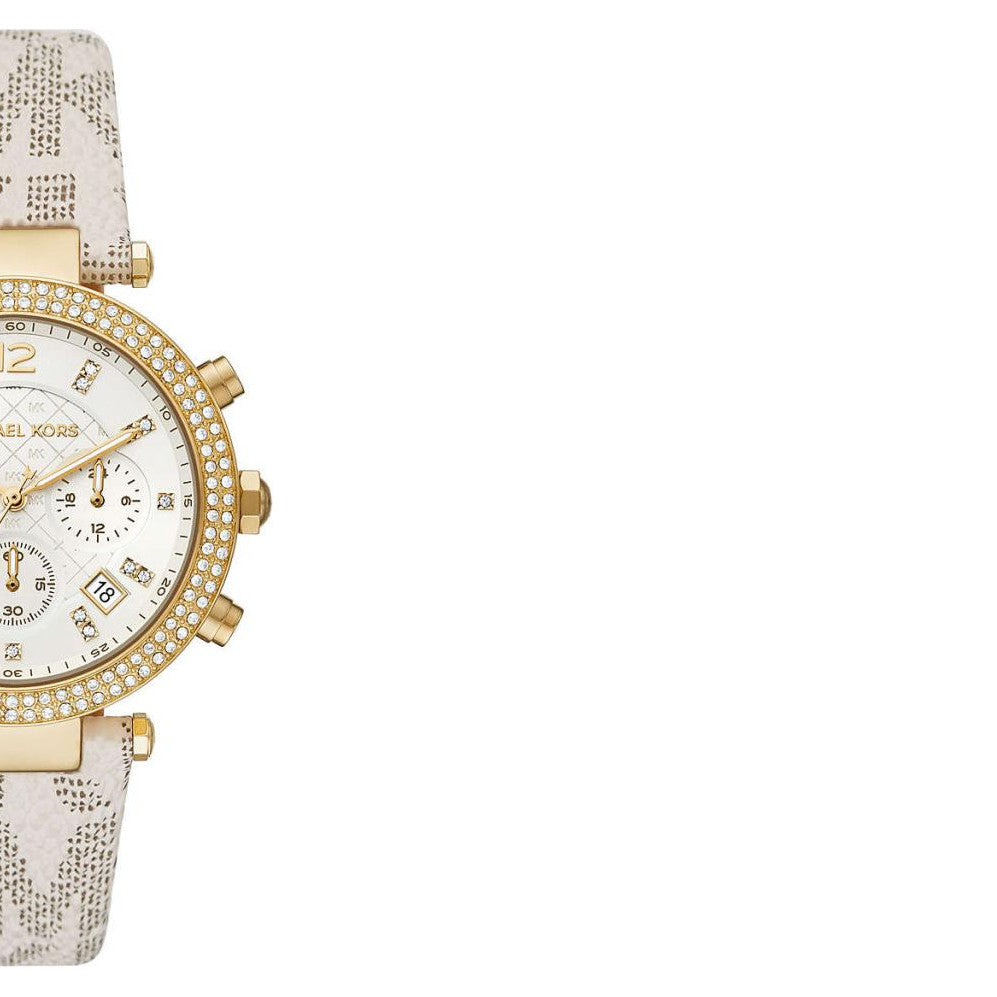  Shop Authentic Michael Kors Parker Chronograph White Dial White Leather Strap Watch For Women - MK6916 - Luxxuri