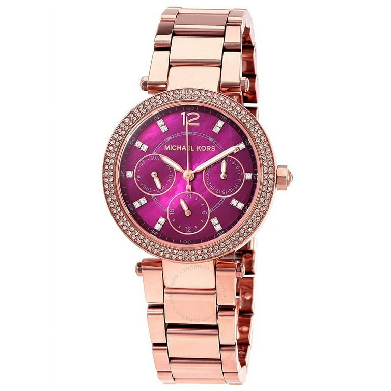  Shop Authentic Michael Kors Mini Parker Multi-Function Plum Mother of Pearl Dial Rose Gold Steel Strap Watch For Women - MK6403 - Luxxuri