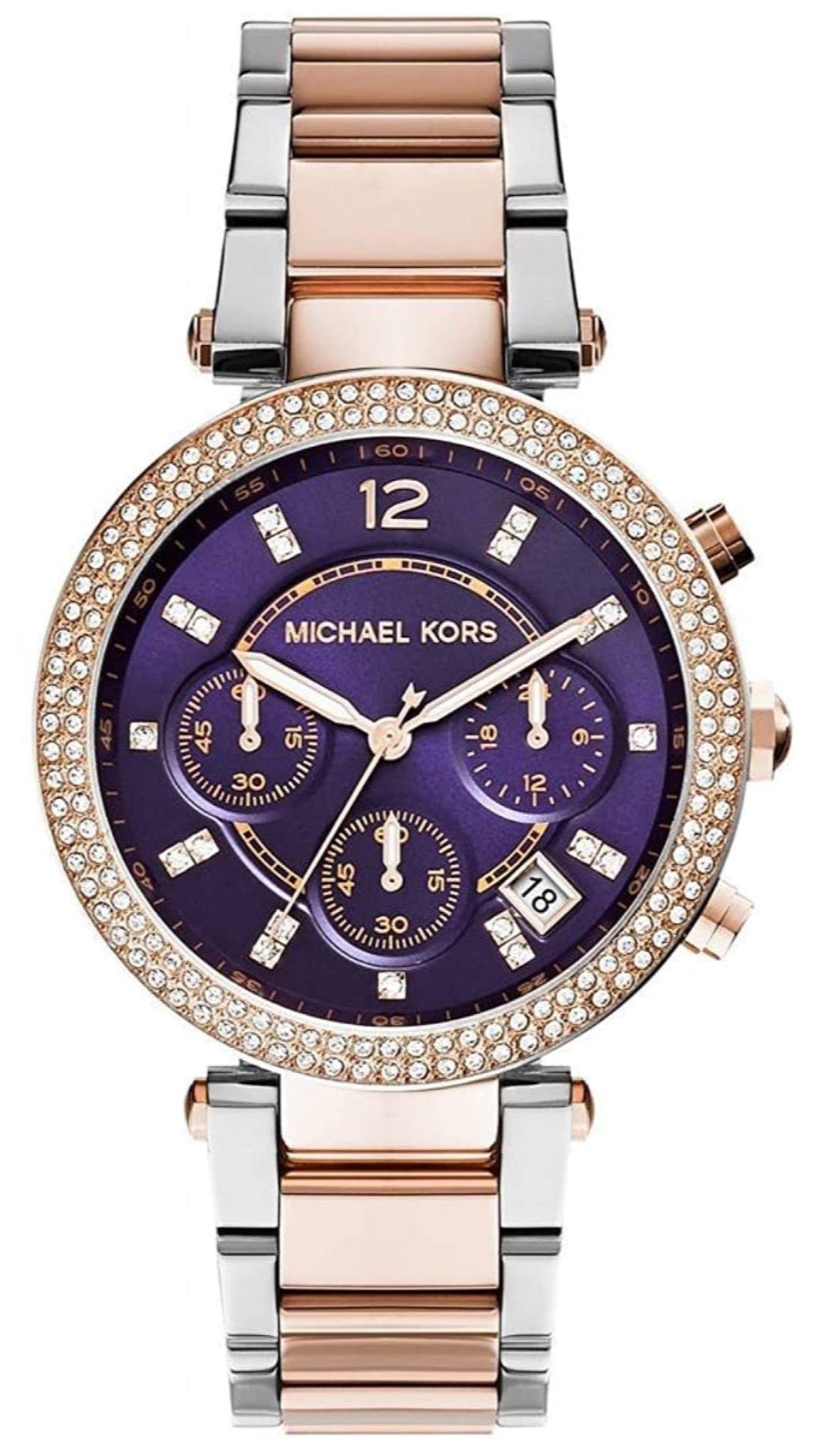  Shop Authentic Michael Kors Parker Chronograph Purple Dial Two Tone Steel Strap Watch For Women - MK6108 - Luxxuri