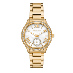  Shop Authentic Michael Kors Sage Three-Hand Mother of Pearl White Dial Gold Steel Strap Watch for Women - MK4805 - Luxxuri