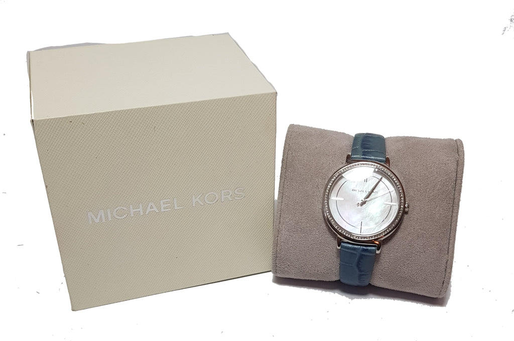  Shop Authentic Michael Kors Cinthia Mother of Pearl Dial Blue Leather Strap Watch for Women - MK2661 - Luxxuri