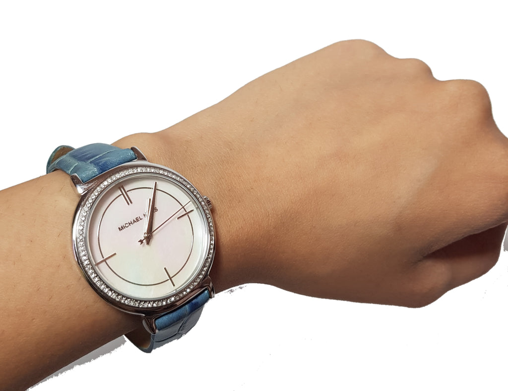  Shop Authentic Michael Kors Cinthia Mother of Pearl Dial Blue Leather Strap Watch for Women - MK2661 - Luxxuri