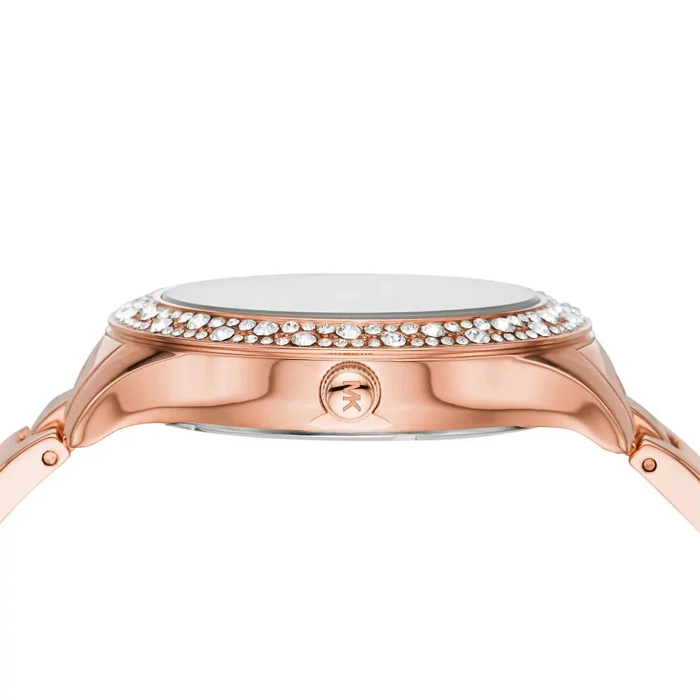  Shop Authentic Michael Kors Lilane Three Hand Mother of Pearl White Dial Rose Gold Steel Strap Watch For Women - MK4557 - Luxxuri