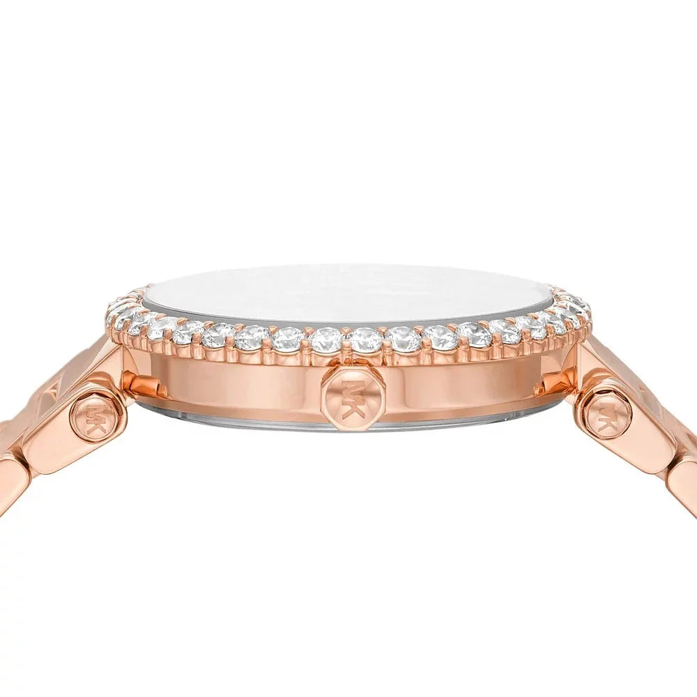 Michael Kors Parker Three-Hand Mother of Pearl White Dial Rose Gold Steel Strap Watch For Women - MK4695