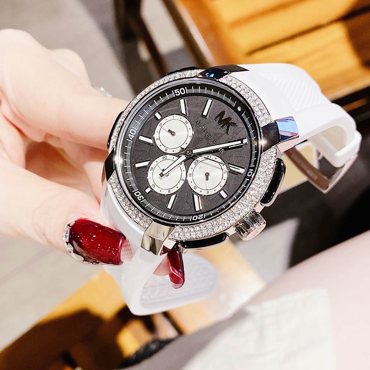  Shop Authentic Michael Kors Sidney Multifunction Black Dial White Silicone Strap Watch For Women - MK6947 - Luxxuri