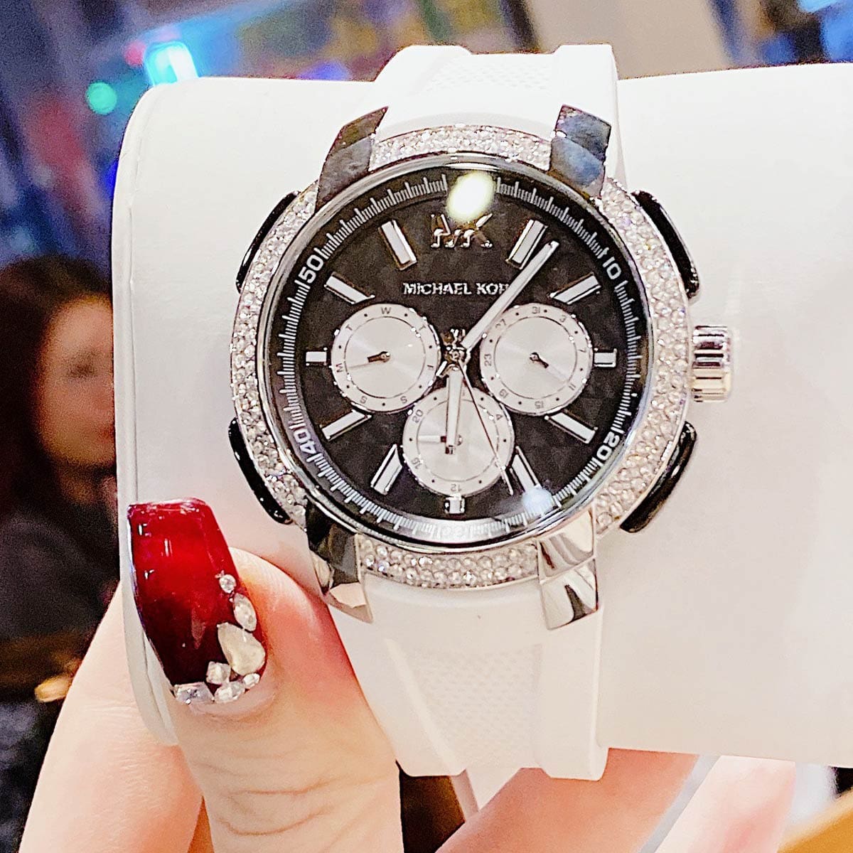  Shop Authentic Michael Kors Sidney Multifunction Black Dial White Silicone Strap Watch For Women - MK6947 - Luxxuri