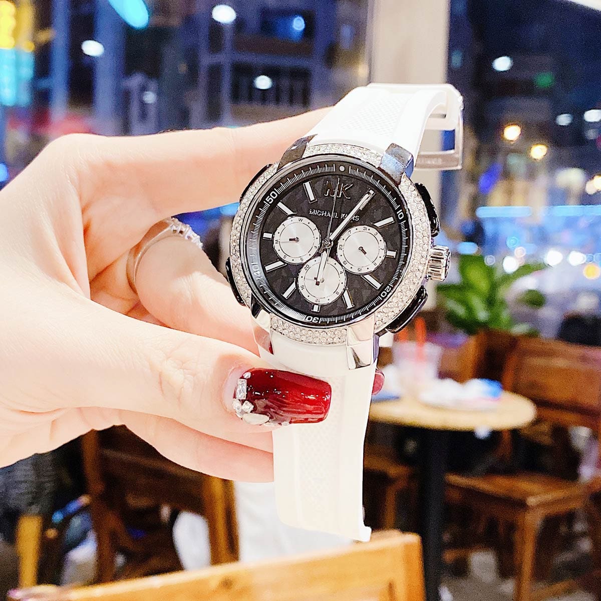  Shop Authentic Michael Kors Sidney Multifunction Black Dial White Silicone Strap Watch For Women - MK6947 - Luxxuri