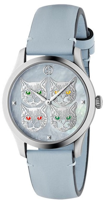  Shop Authentic Gucci G Timeless Quartz Mother of Pearl Dial Blue Leather Strap Watch For Women - YA1264124 - Luxxuri