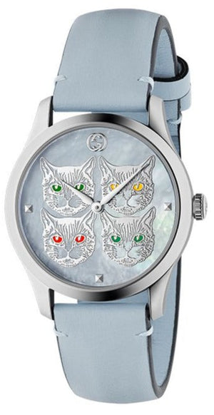  Shop Authentic Gucci G Timeless Quartz Mother of Pearl Dial Blue Leather Strap Watch For Women - YA1264124 - Luxxuri