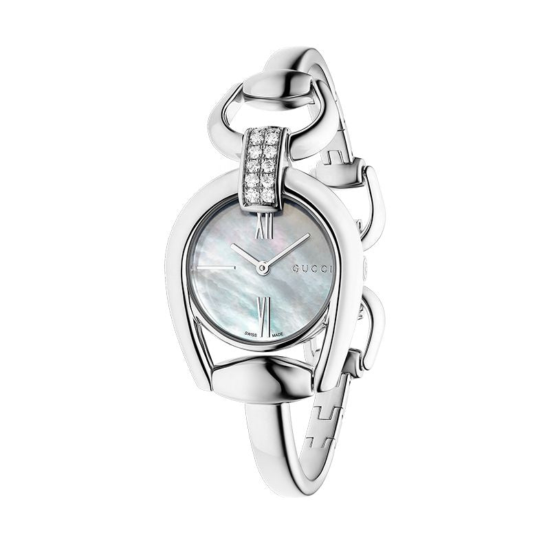  Shop Authentic Gucci Horsebit Collection Diamonds Mother of Pearl White Dial Silver Steel Strap Watch For Women - YA139504 - Luxxuri