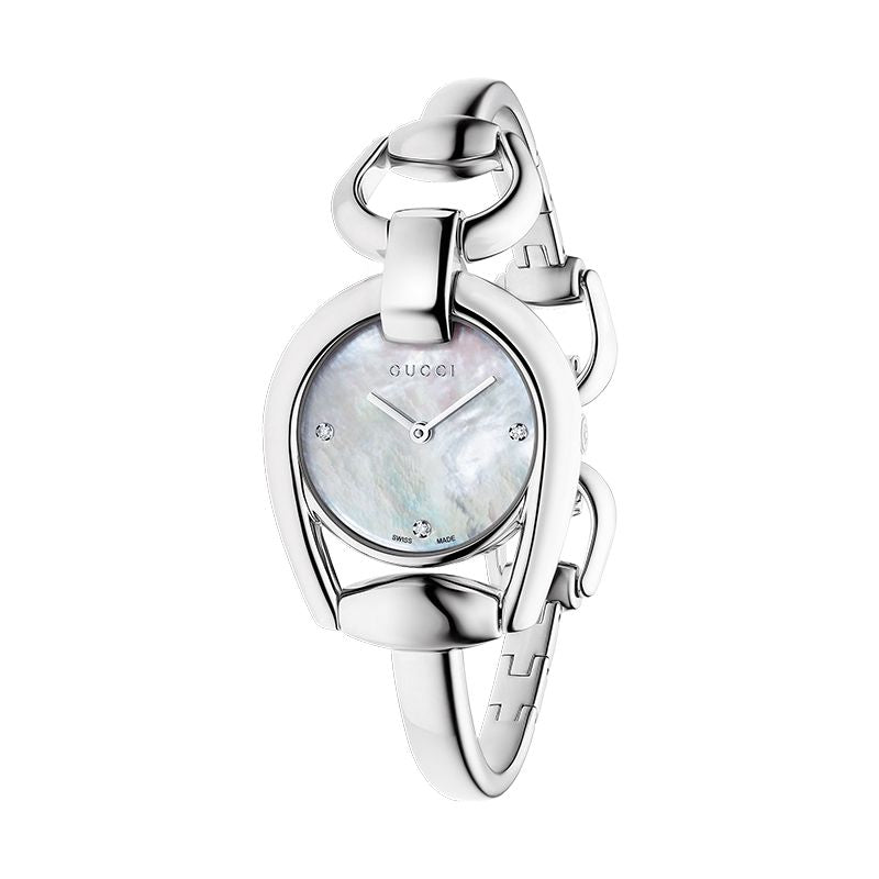  Shop Authentic Gucci Horsebit Collection Diamonds Mother of Pearl Dial Silver Steel Strap Watch For Women - YA139506 - Luxxuri