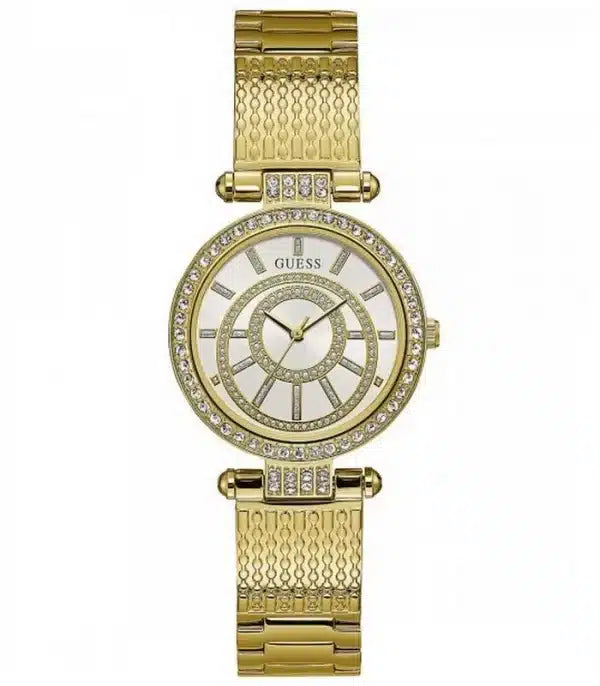 Guess Muse Crystals White Dial Rose Gold Steel Strap Watch For Women - W1008L2