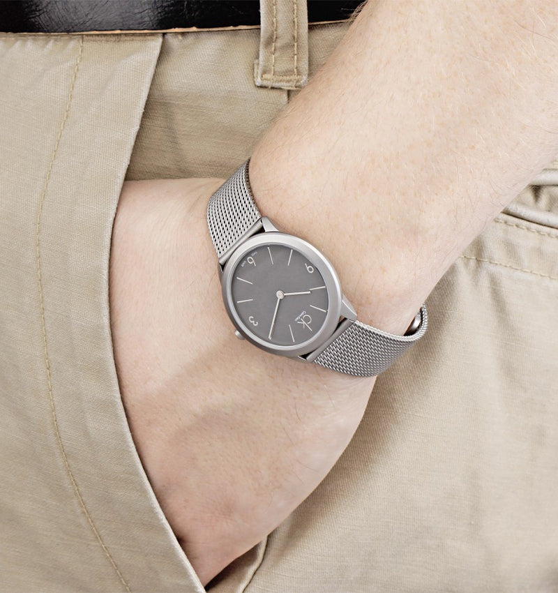  Shop Authentic Calvin Klein Minimal Grey Dial Silver Mesh Bracelet Watch for Men - K3M51154 - Luxxuri