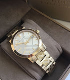  Shop Authentic Burberry The City Gold Dial Gold Steel Strap Watch for Women - BU9145 - Luxxuri