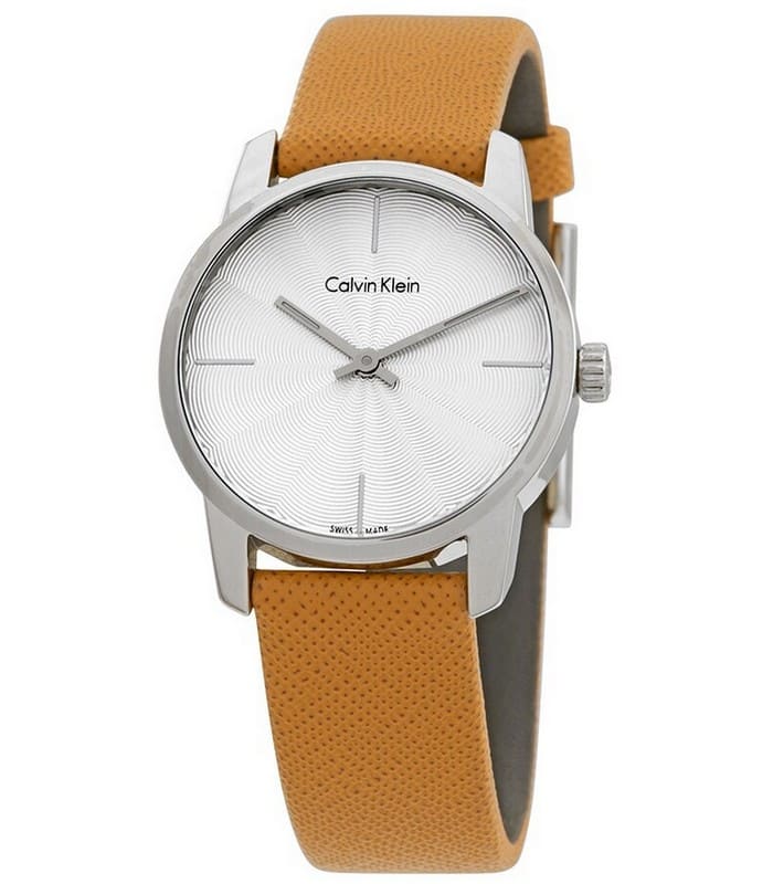  Shop Authentic Calvin Klein City Silver Dial Orange Leather Strap Watch for Women - K2G231G6 - Luxxuri