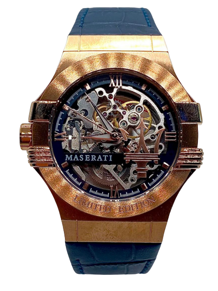 Maserati Automatic Skeleton Dial Rose Gold Blue Leather Strap Watch For Men - R8821108022
