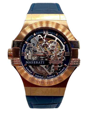  Shop Authentic Maserati Automatic Skeleton Dial Rose Gold Blue Leather Strap Watch For Men - R8821108022 - Luxxuri