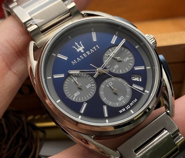  Shop Authentic Maserati Trimarano Chronograph Blue Dial Silver Steel Strap Watch For Men - R8873632004 - Luxxuri