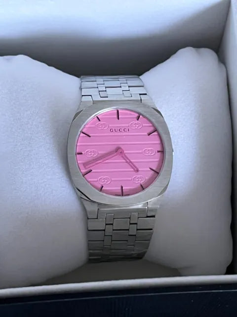  Shop Authentic Gucci 25H Quartz Pink Dial Silver Steel Strap Watch for Women - YA163410 - Luxxuri