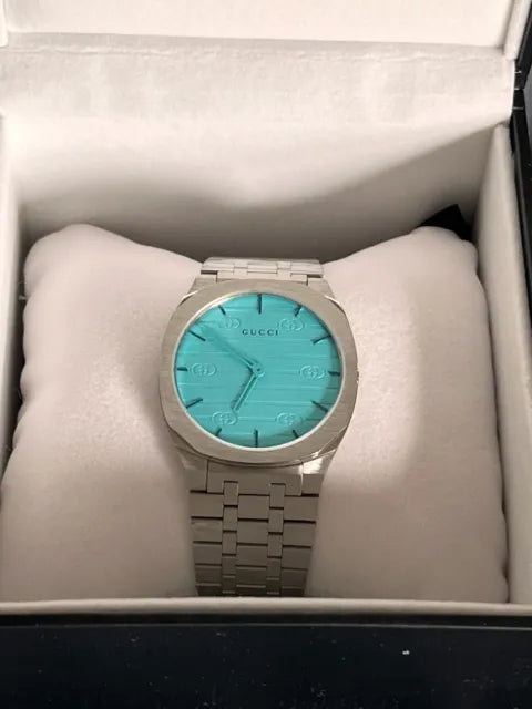  Shop Authentic Gucci 25H Quartz Turquoise Dial Silver Steel Strap Watch For Women - YA163409 - Luxxuri