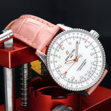  Shop Authentic Breitling Navitimer Automatic 35 Mother of Pearl Dial Pink Leather Strap Watch for Women - A17395211A1P3 - Luxxuri