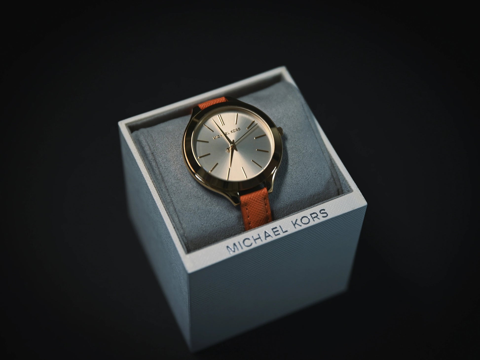  Shop Authentic Michael Kors Runway Quartz Gold Dial Orange Leather Strap Watch For Women - MK2275 - Luxxuri