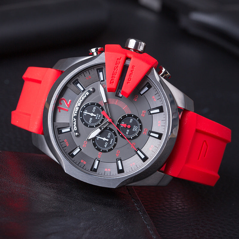  Shop Authentic Diesel Mega Chief Chronograph Black Dial Red Silicone Strap Watch For Men - DZ4427 - Luxxuri