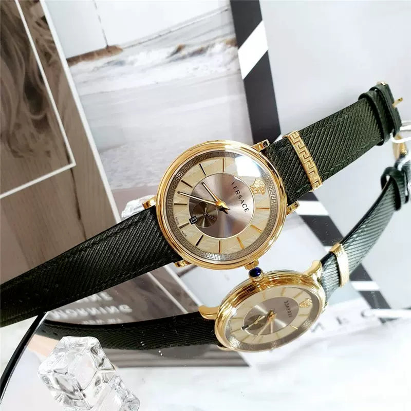  Shop Authentic Versace V-Circle Manifesto Gold Dial Black Leather Strap Watch for Men - VBQ030017 - Luxxuri