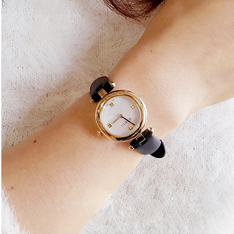  Shop Authentic Gucci Diamantissima Mother of Pearl Dial Black Leather Strap Watch For Women - YA141505 - Luxxuri