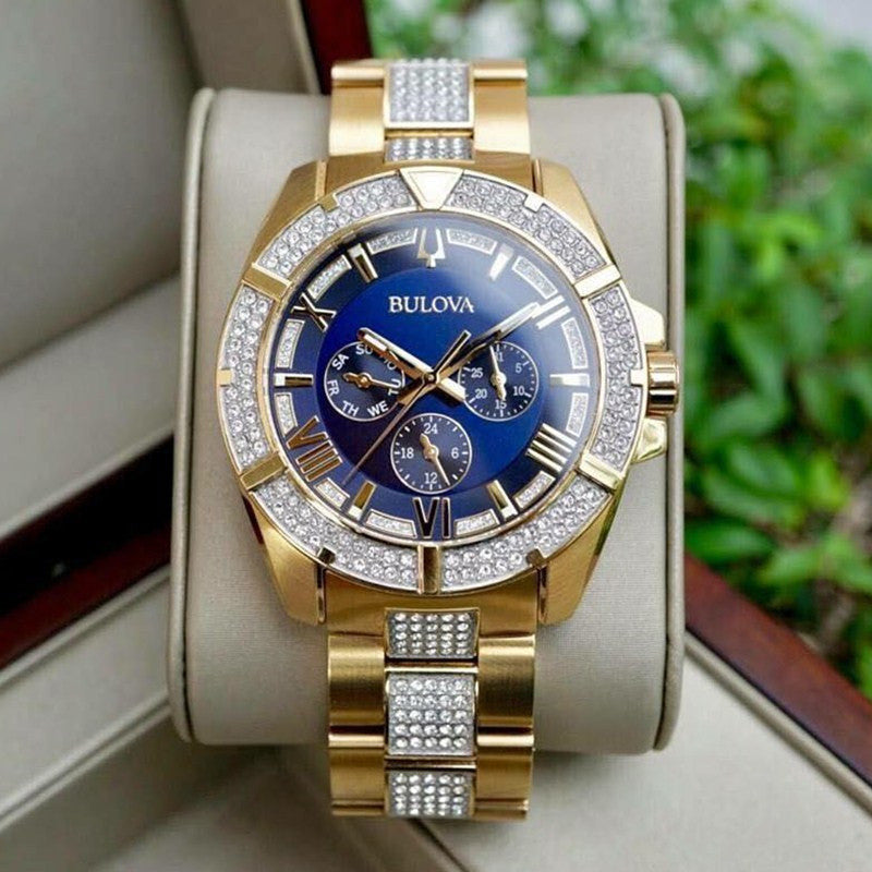  Shop Authentic Bulova Crystal Collection Blue Dial Gold Steel Strap Watch for Men - 98C128 - Luxxuri