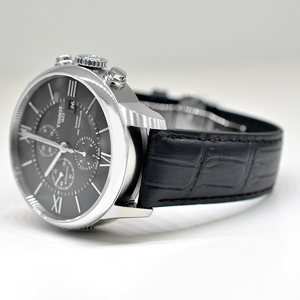 Tissot T Classic Chemin Des Tourelles Chronograph Black Dial Black Leather Strap Watch For Men - T099.427.16.058.00
