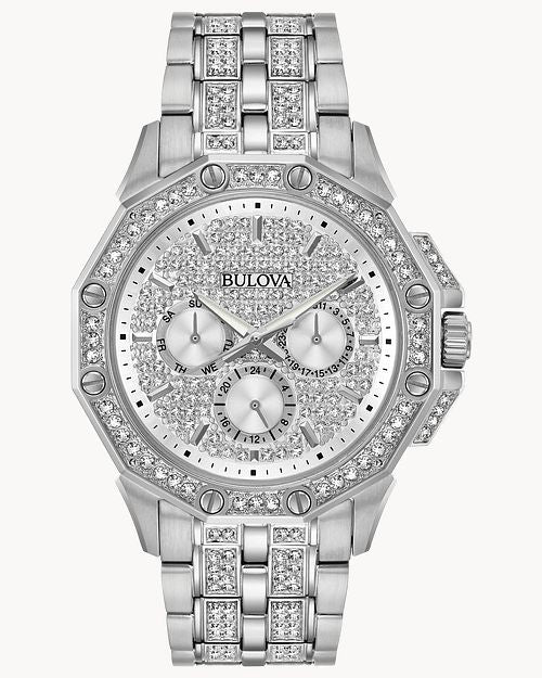  Shop Authentic Bulova Crystal Collection Pave Silver Dial with Crystals Silver Steel Strap Watch for Men - 96C134 - Luxxuri