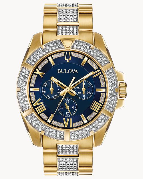  Shop Authentic Bulova Crystal Collection Blue Dial Gold Steel Strap Watch for Men - 98C128 - Luxxuri