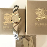  Shop Authentic Burberry The City Gold Dial Haymarket Brown Leather Strap Watch for Women - BU9026 - Luxxuri
