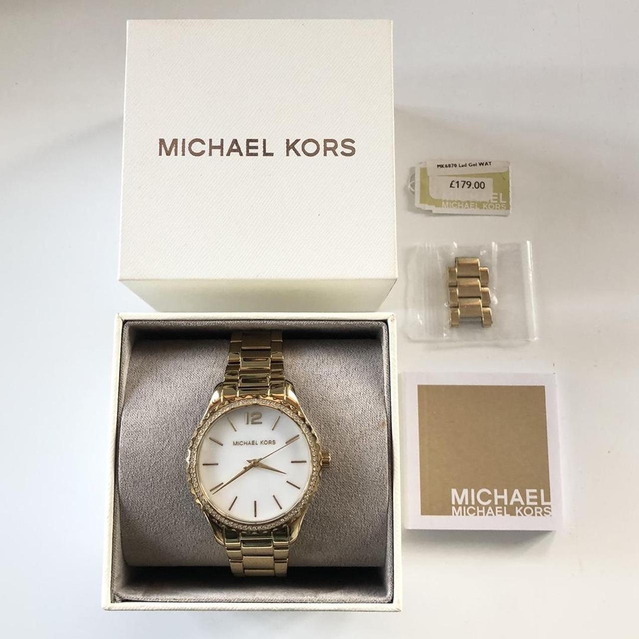  Shop Authentic Michael Kors Layton Three Hand Mother of Pearl White Dial Gold Steel Strap Watch For Women - MK6870 - Luxxuri
