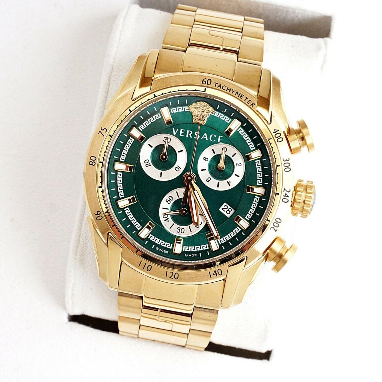  Shop Authentic Versace V-Ray Chronograph Quartz Green Dial Gold Steel Strap Watch For Men - VE2I00621 - Luxxuri