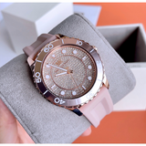  Shop Authentic Michael Kors Runway Three Hand Crystal Pave Dial Pink Rubber Strap Watch For Women - MK6854 - Luxxuri
