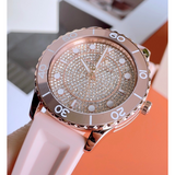  Shop Authentic Michael Kors Runway Three Hand Crystal Pave Dial Pink Rubber Strap Watch For Women - MK6854 - Luxxuri