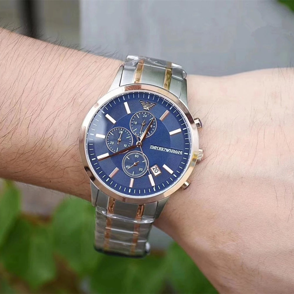  Shop Authentic Emporio Armani Renato Chronograph Blue Dial Two Tone Steel Strap Watch For Men - AR80025 - Luxxuri